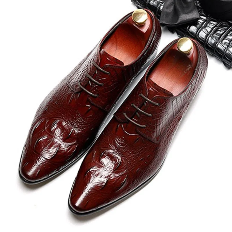 AlliLuxe Pointed Toe Alligator Texture Brogue Dress Shoes