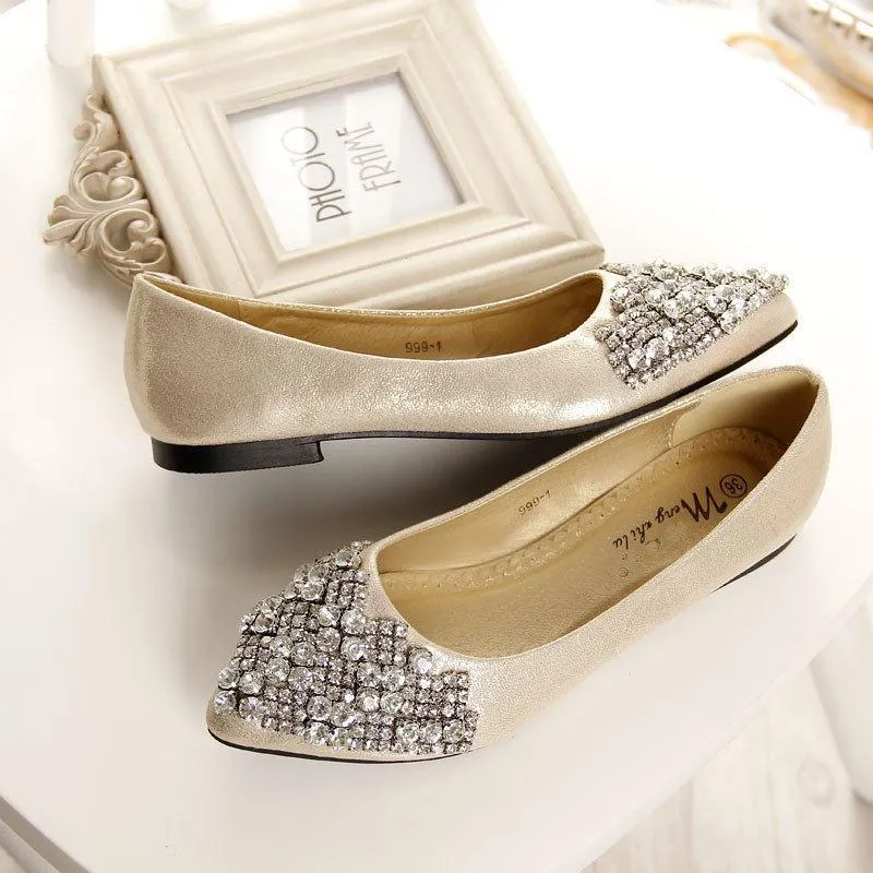 Big Size Rhinestone Crystal Pointed Toe Flat Office Lady Shoes