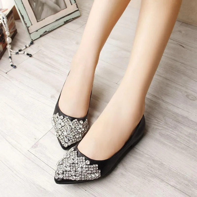 Big Size Rhinestone Crystal Pointed Toe Flat Office Lady Shoes