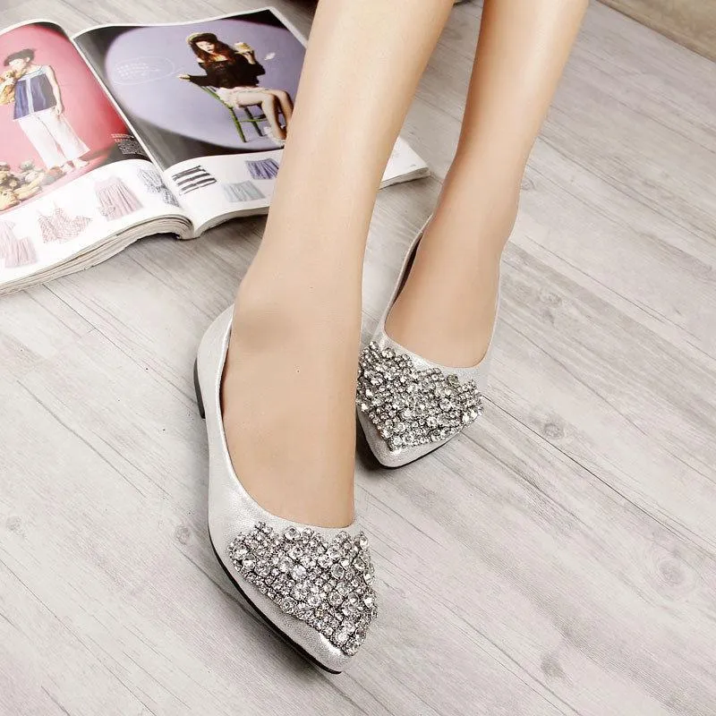 Big Size Rhinestone Crystal Pointed Toe Flat Office Lady Shoes