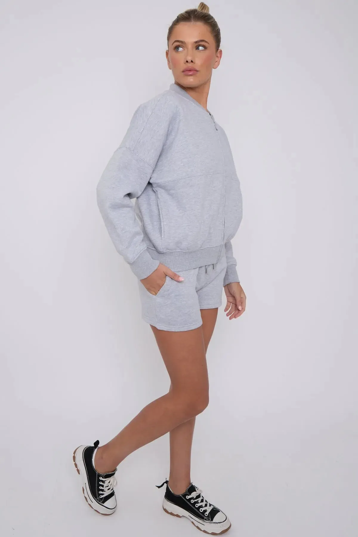 Bomber Neck Zip Through Top and  Shorts Loungewear Set Grey