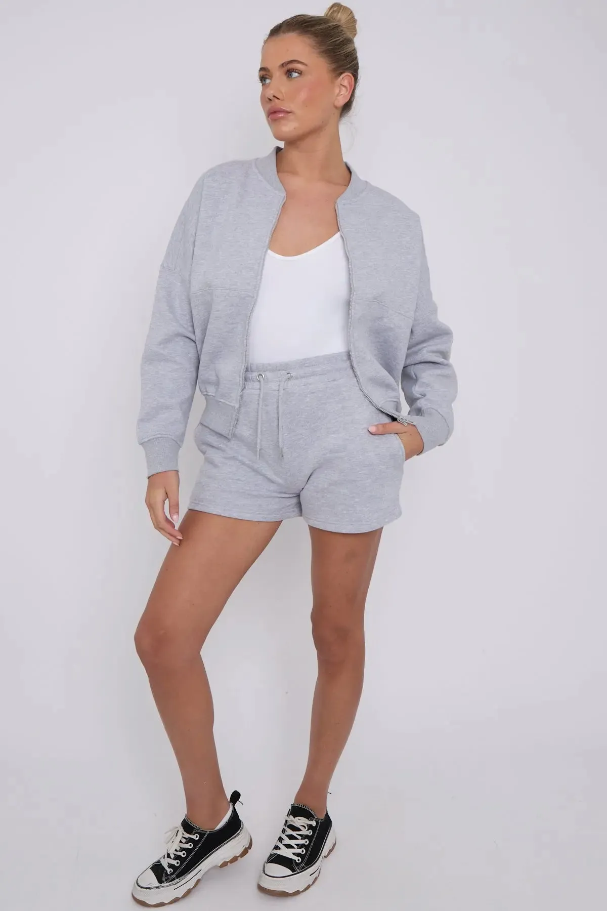 Bomber Neck Zip Through Top and  Shorts Loungewear Set Grey