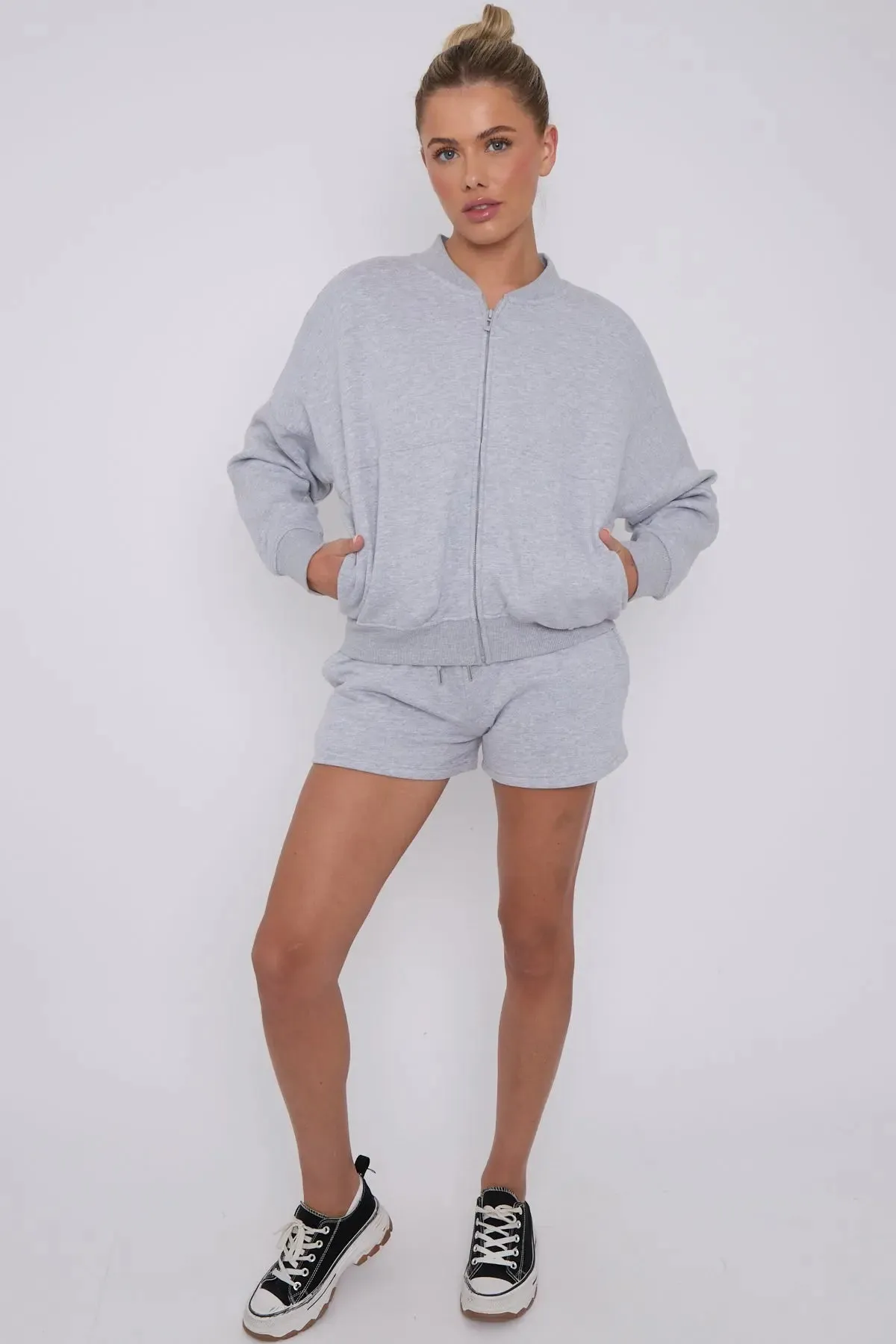 Bomber Neck Zip Through Top and  Shorts Loungewear Set Grey