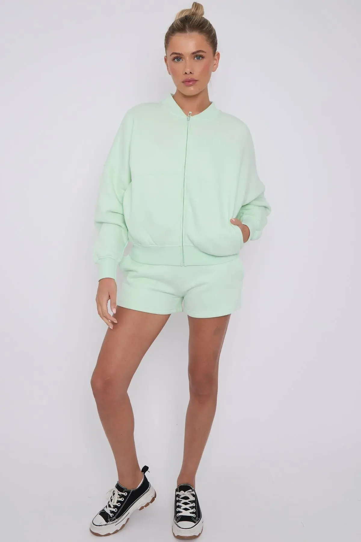 Bomber Neck Zip Through Top and  Shorts Loungewear Set Mint