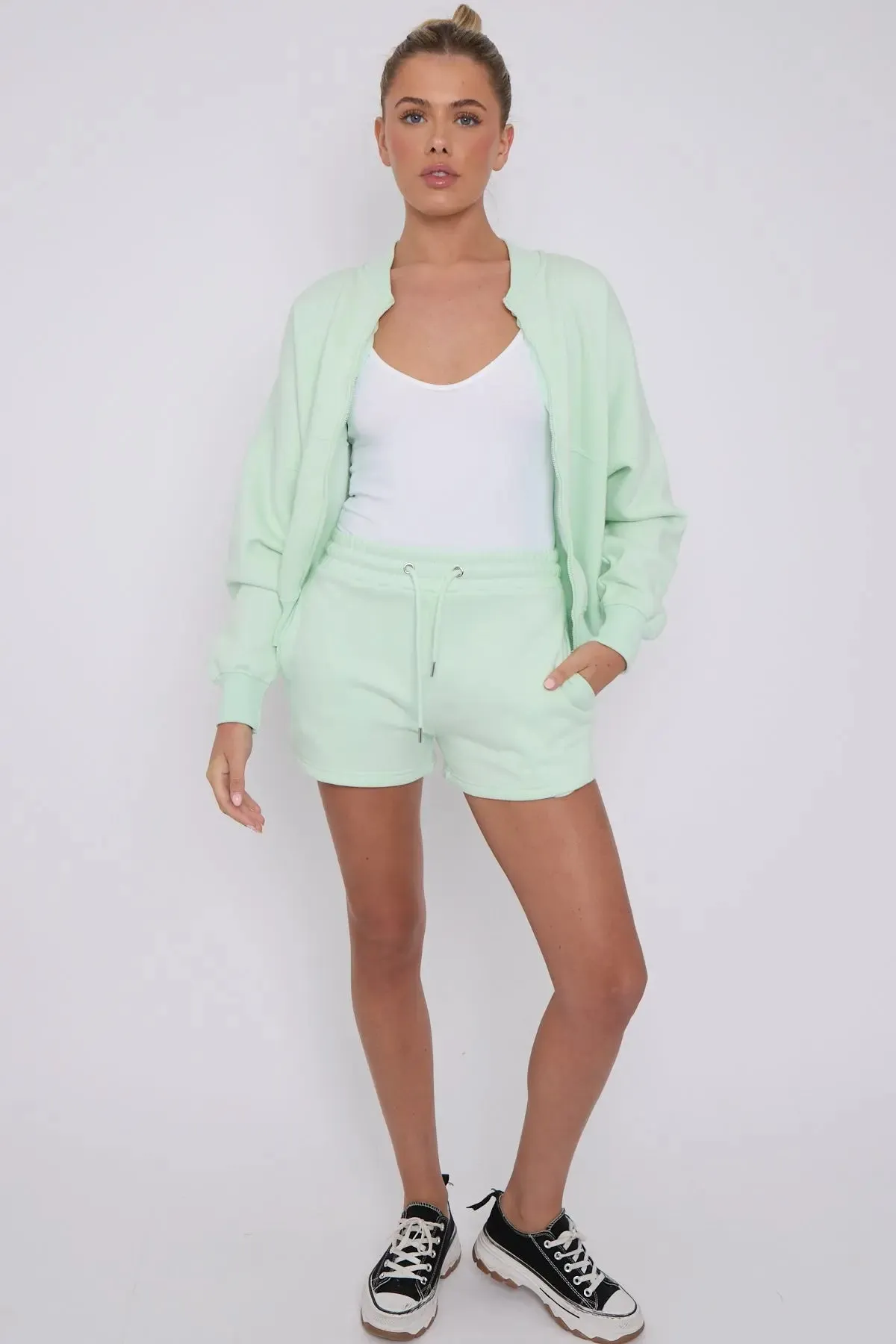 Bomber Neck Zip Through Top and  Shorts Loungewear Set Mint