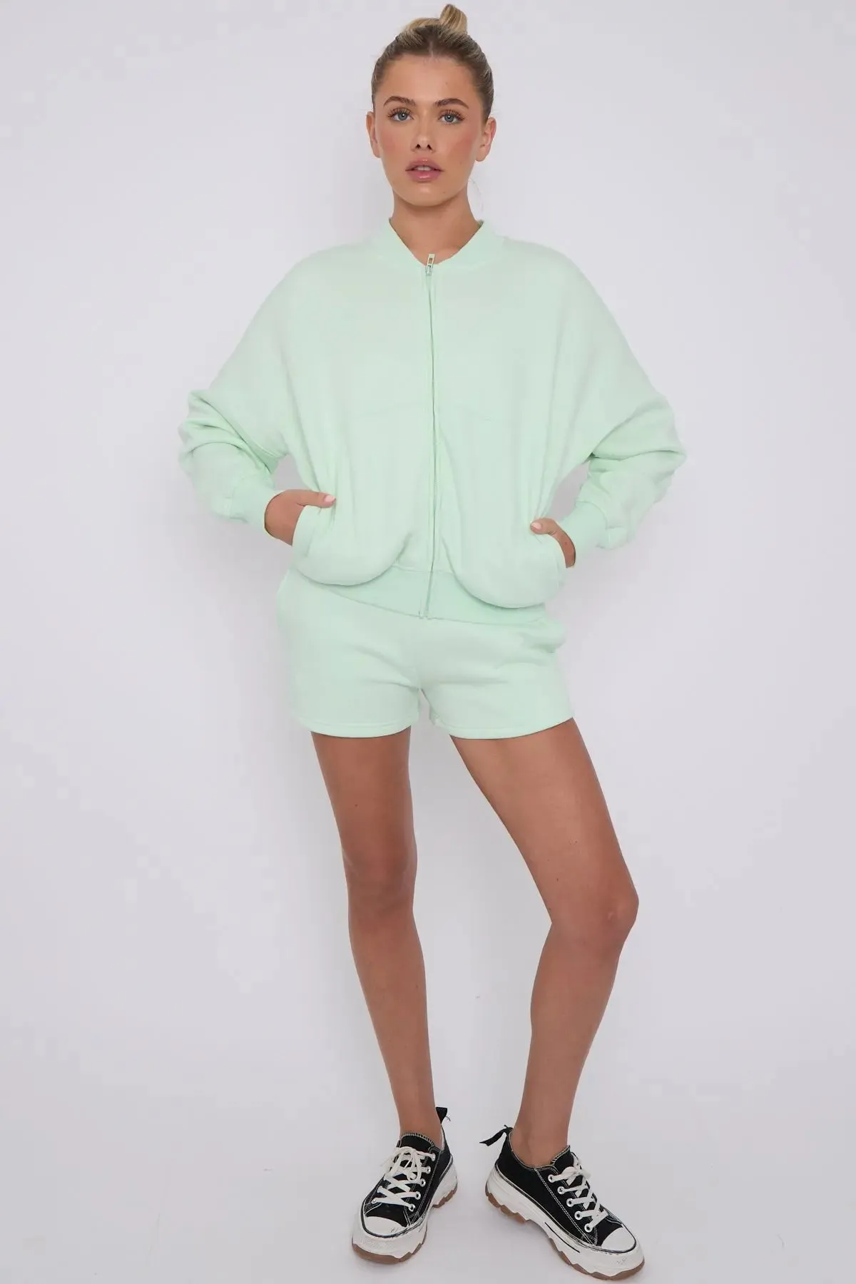 Bomber Neck Zip Through Top and  Shorts Loungewear Set Mint