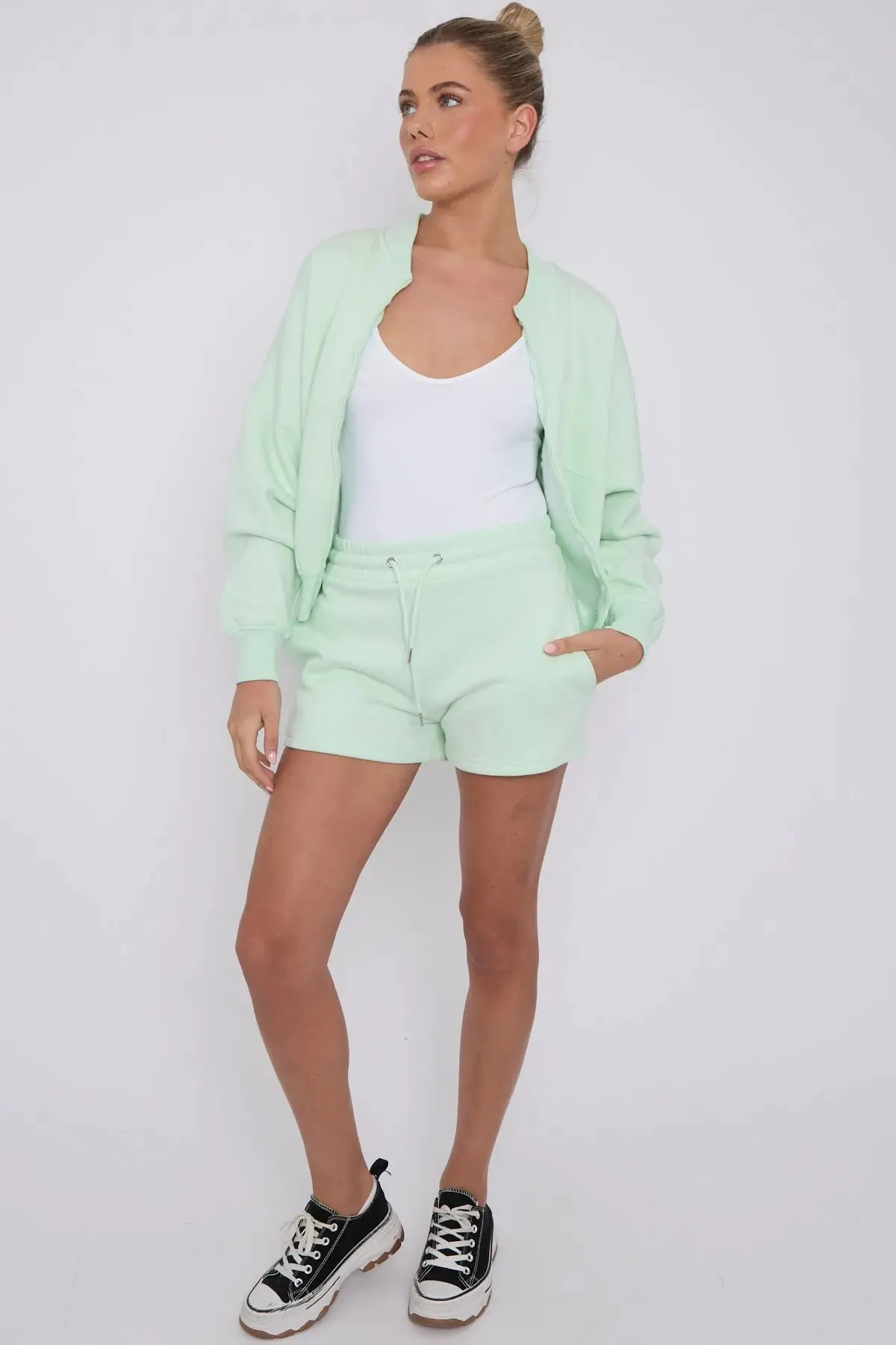 Bomber Neck Zip Through Top and  Shorts Loungewear Set Mint