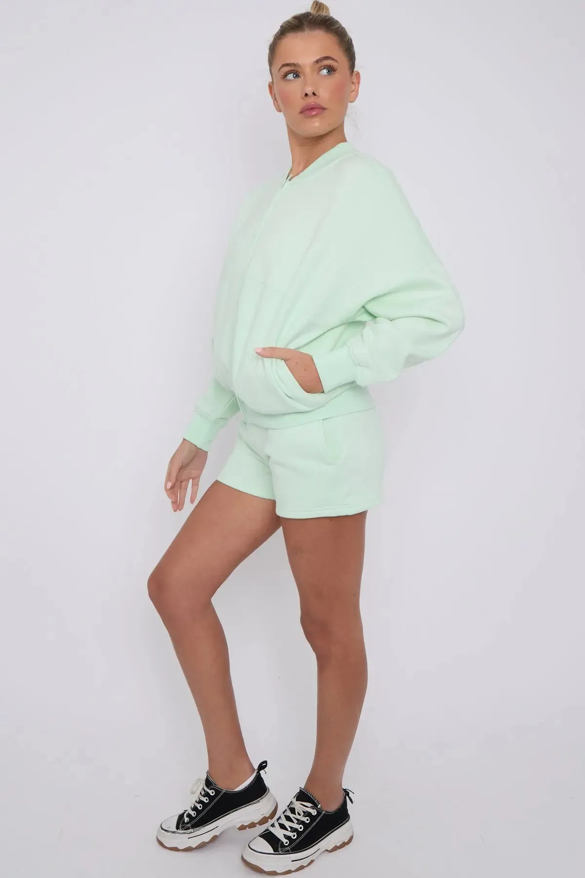 Bomber Neck Zip Through Top and  Shorts Loungewear Set Mint