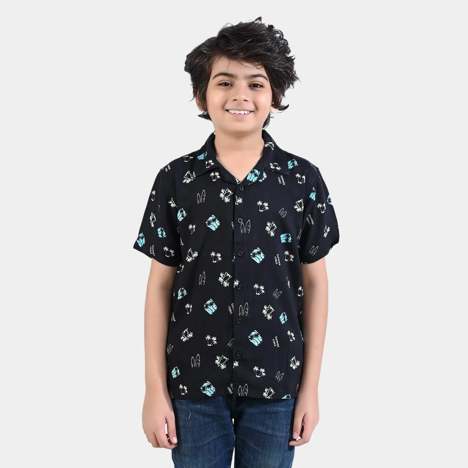 Boys Cotton Viscose Casual Shirt H/S (Vacation Mood)-BLACK