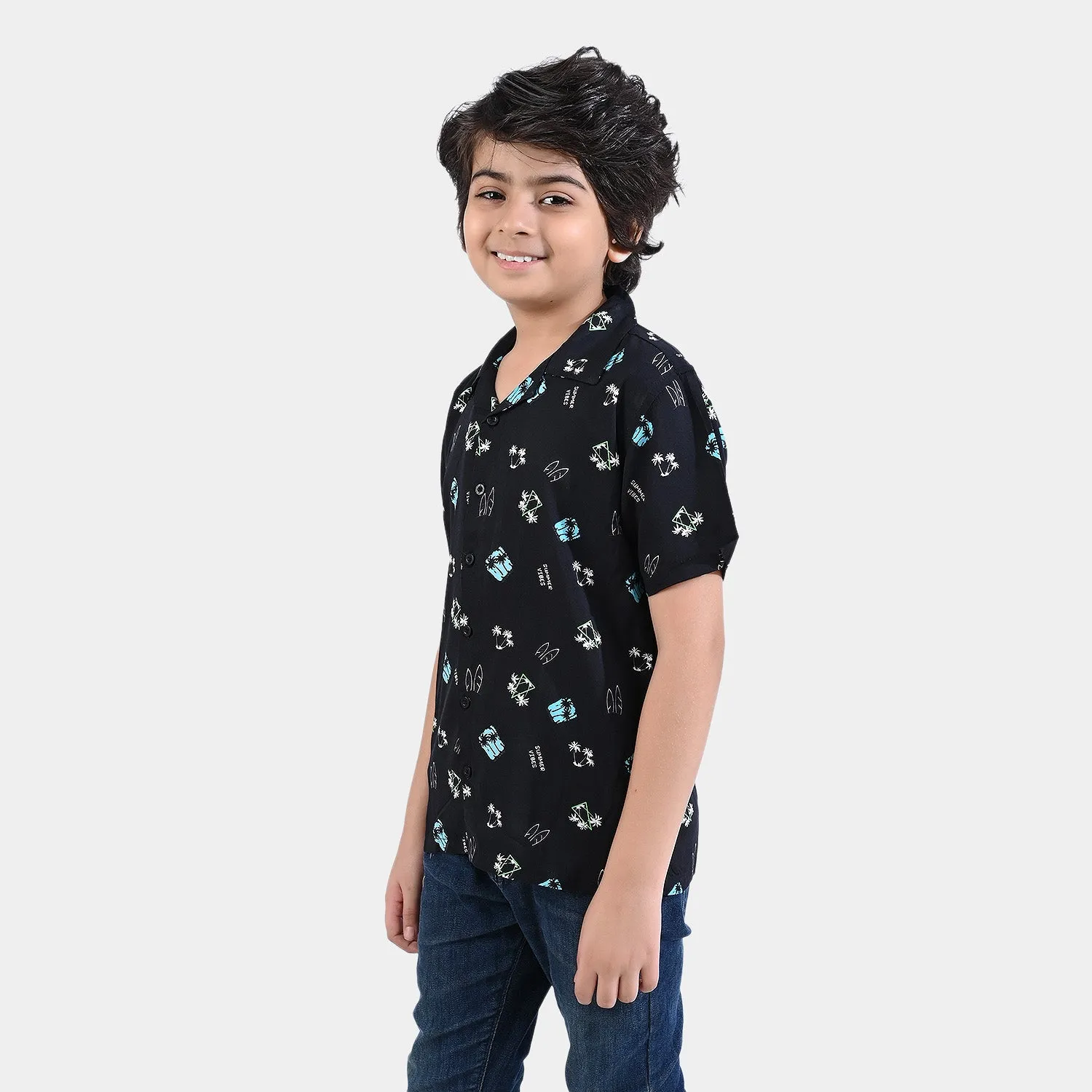 Boys Cotton Viscose Casual Shirt H/S (Vacation Mood)-BLACK