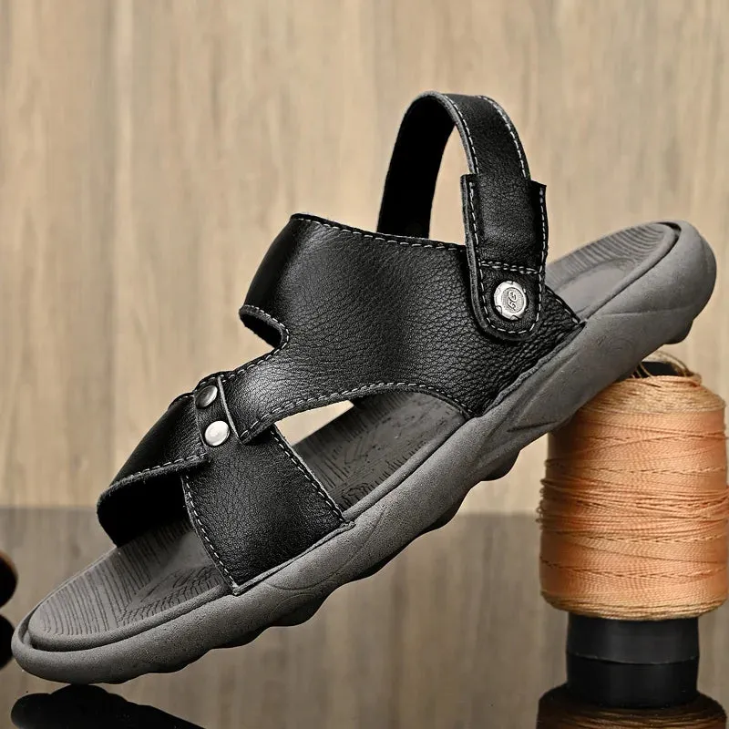 Hnzxzm Summer New Sandals Men ' s Cowhide Casual Beach Shoes Genuine Leather Thick Sole Anti Slip Male Open Toe Shoes Black Brown