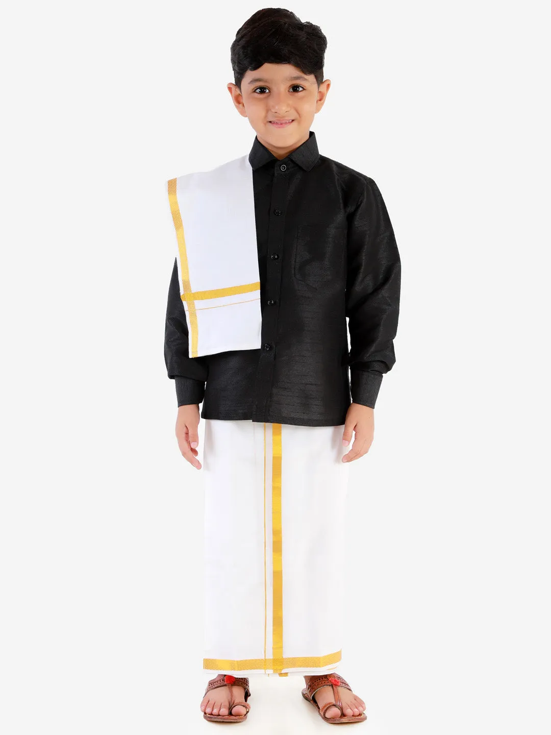 Jashvi Boys' Black Silk Long Sleeves Ethnic Shirt