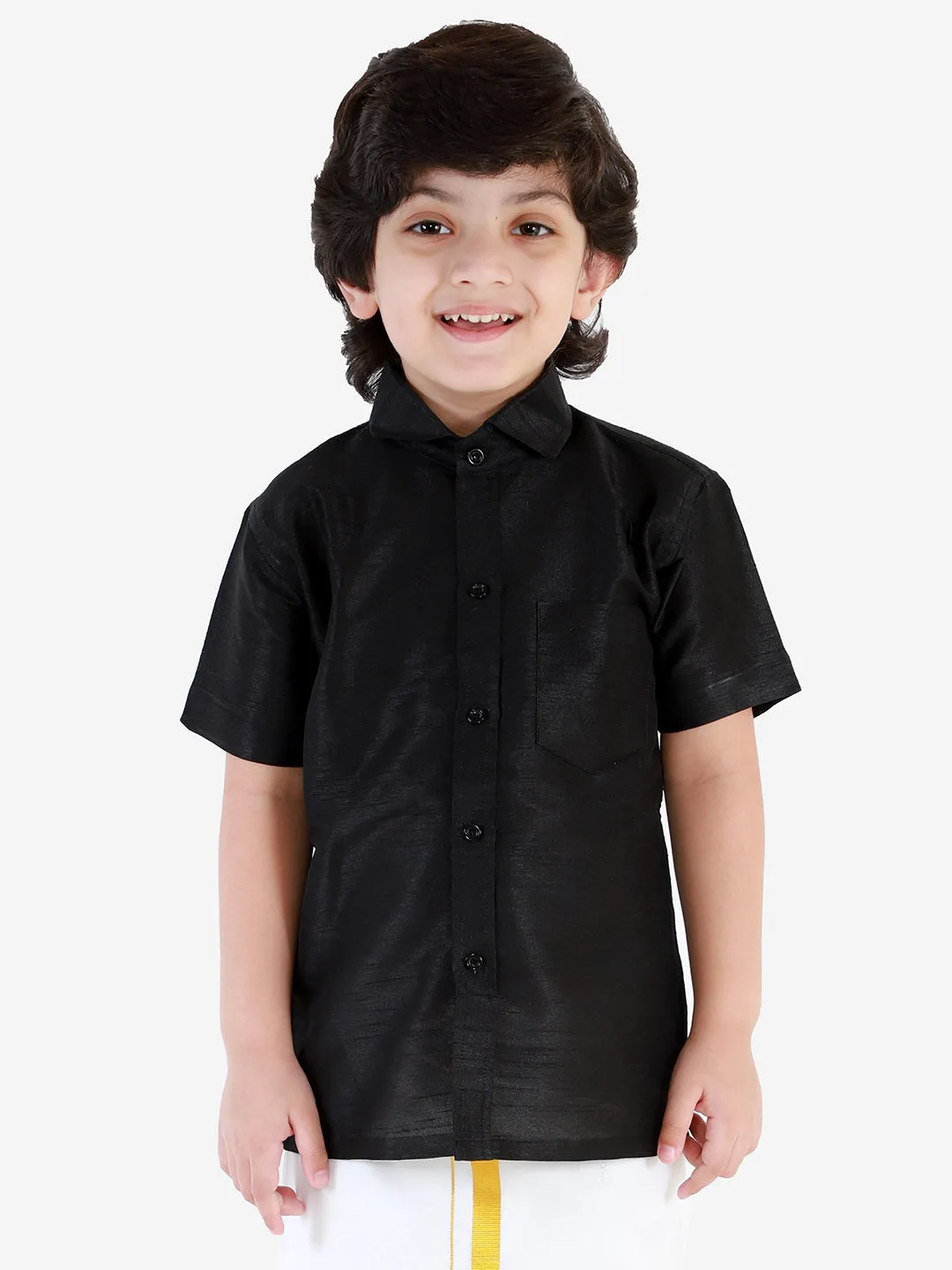 Jashvi Boys' Black Silk Short Sleeves Ethnic Shirt