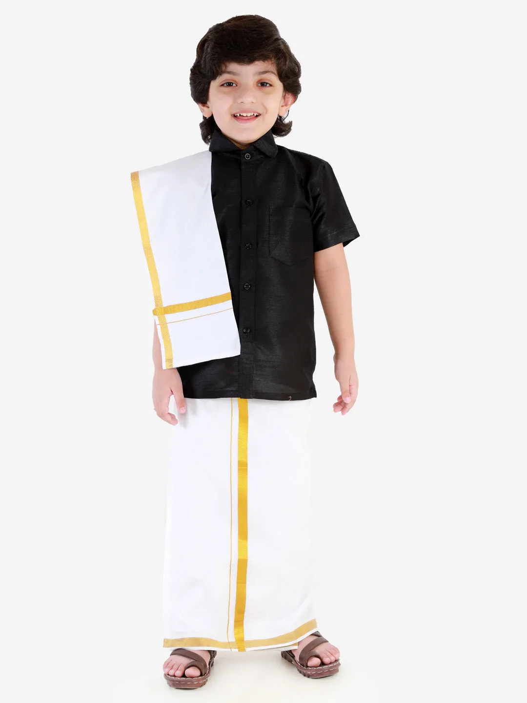 Jashvi Boys' Black Silk Short Sleeves Ethnic Shirt