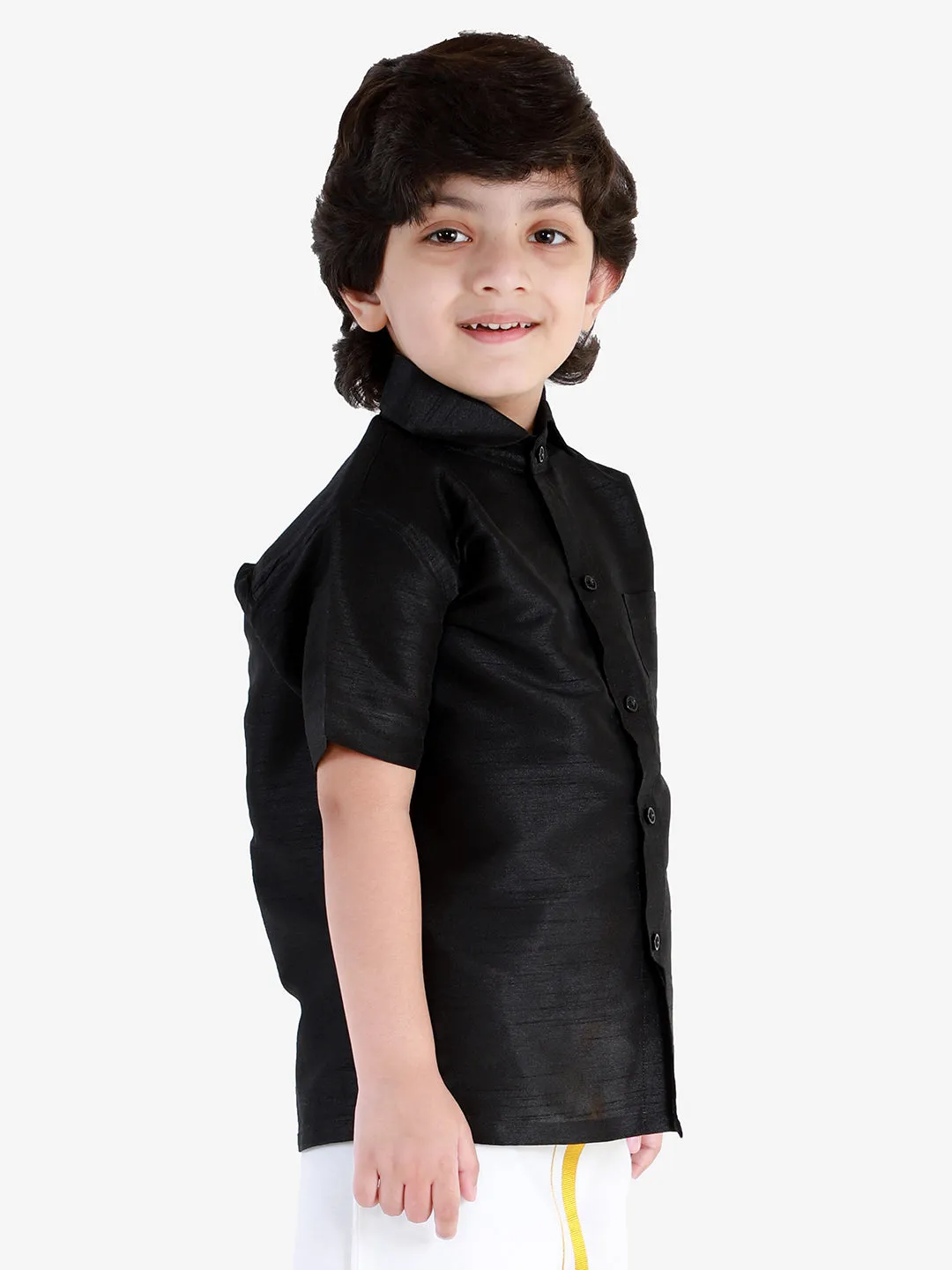 Jashvi Boys' Black Silk Short Sleeves Ethnic Shirt