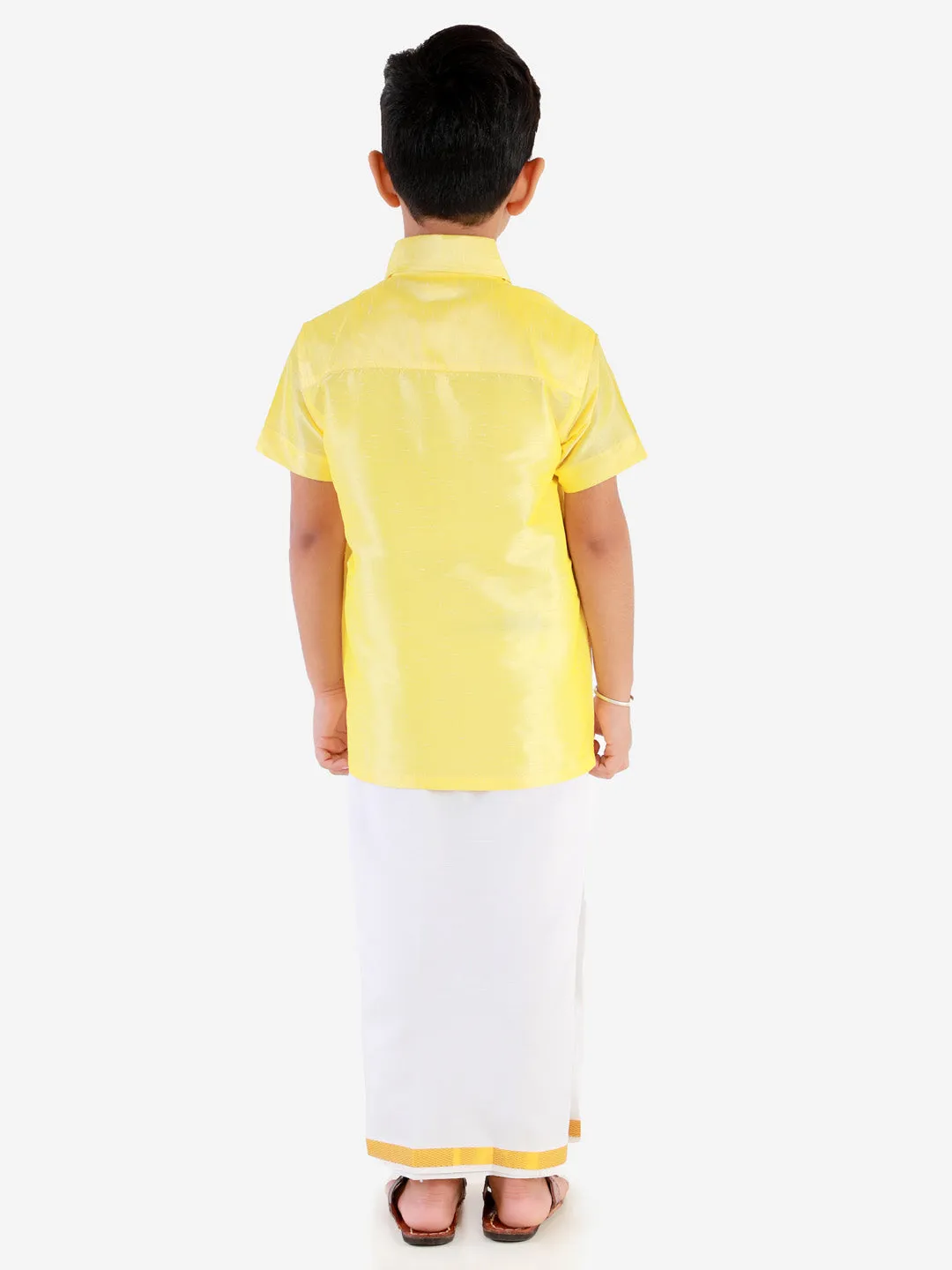 Jashvi Boys' Butter Yellow Silk Short Sleeves Ethnic Shirt Mundu Vesty Style Dhoti Pant Set