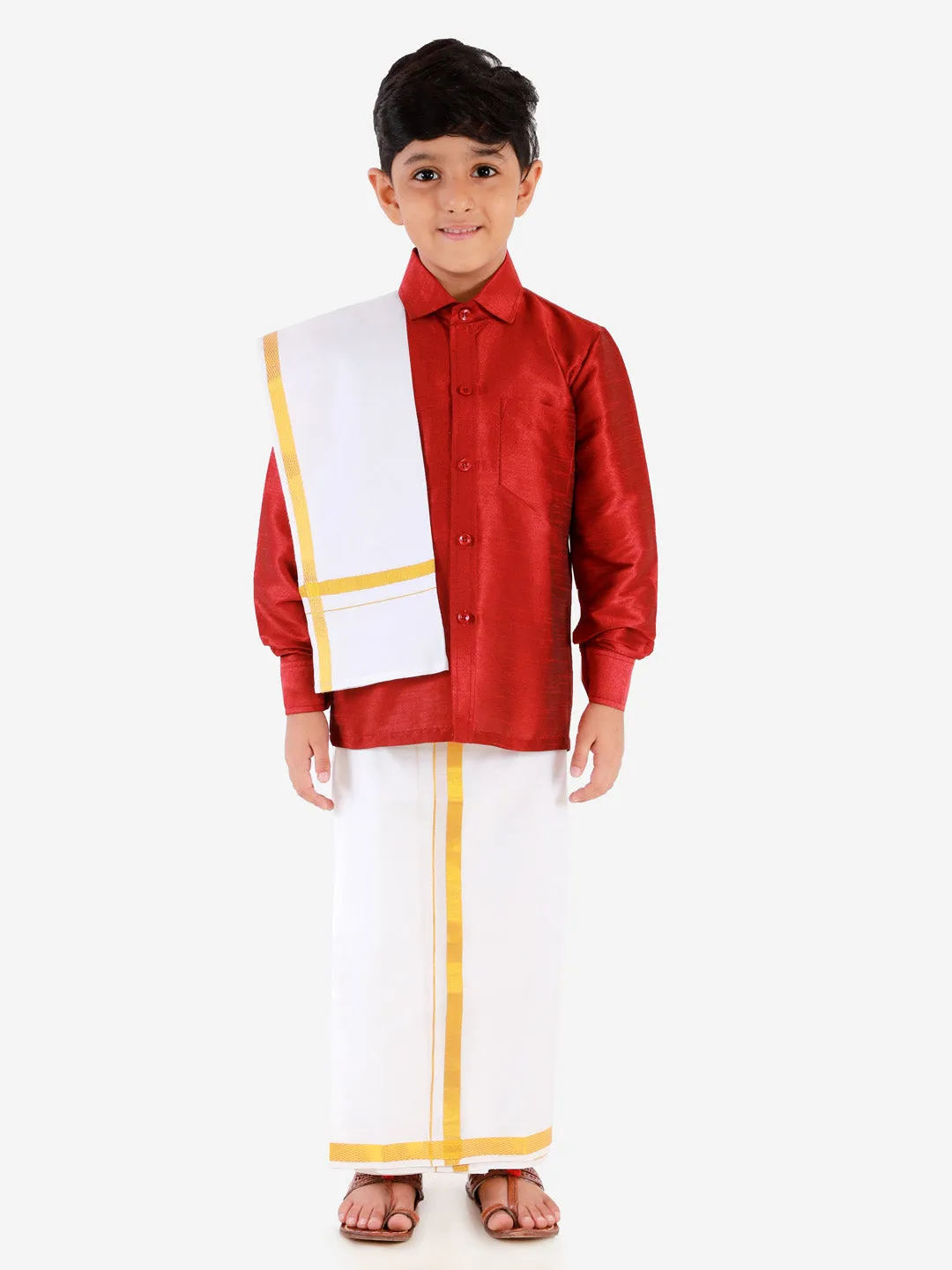 Jashvi Boys' Maroon Silk Long Sleeves Ethnic Shirt