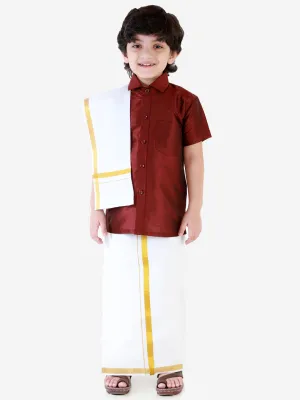 Jashvi Boys' Wine Silk Short Sleeves Ethnic Shirt Mundu Vesty Style Dhoti Pant Set