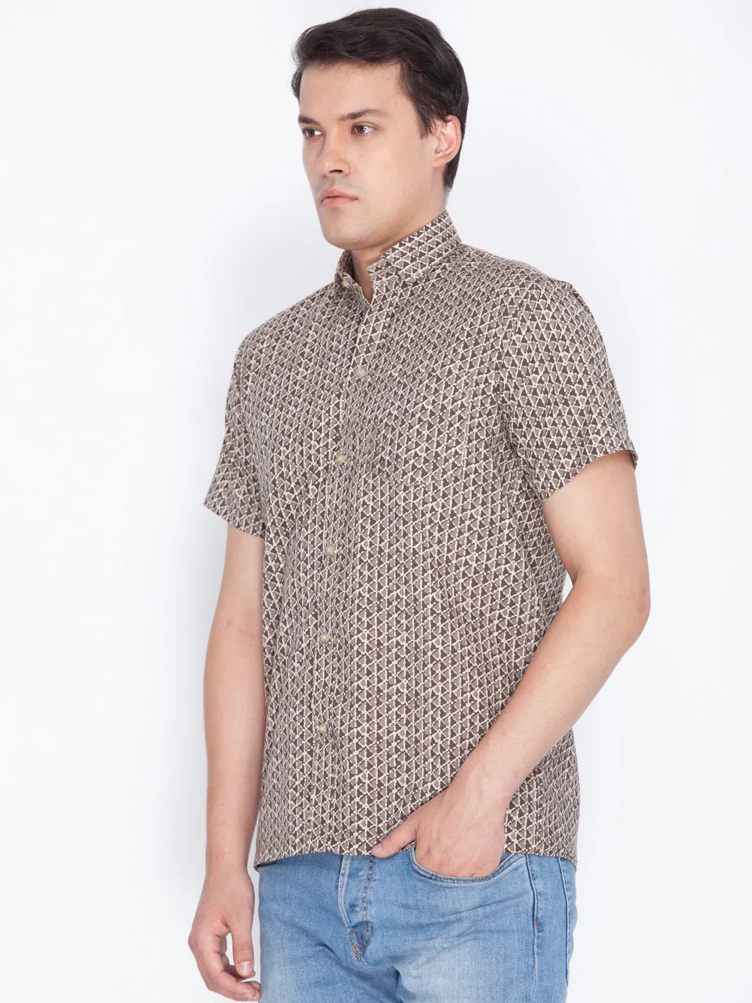 Jashvi Men's Brown Cotton Ethnic Shirt