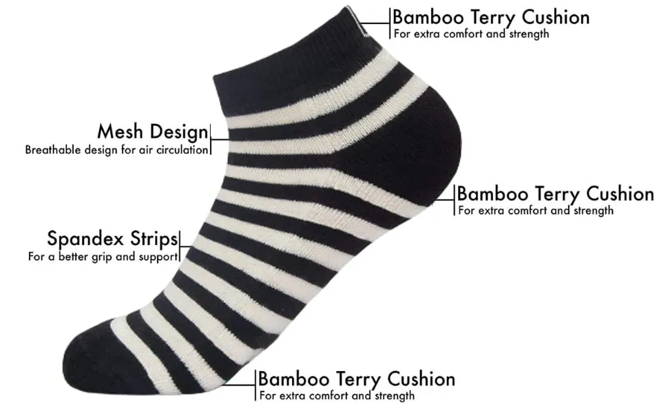 Mush Bamboo Socks for Men & Women - Ultra Soft, Breathable, Ankle socks for running, exercise & sports (White Stripes on Black, 3)