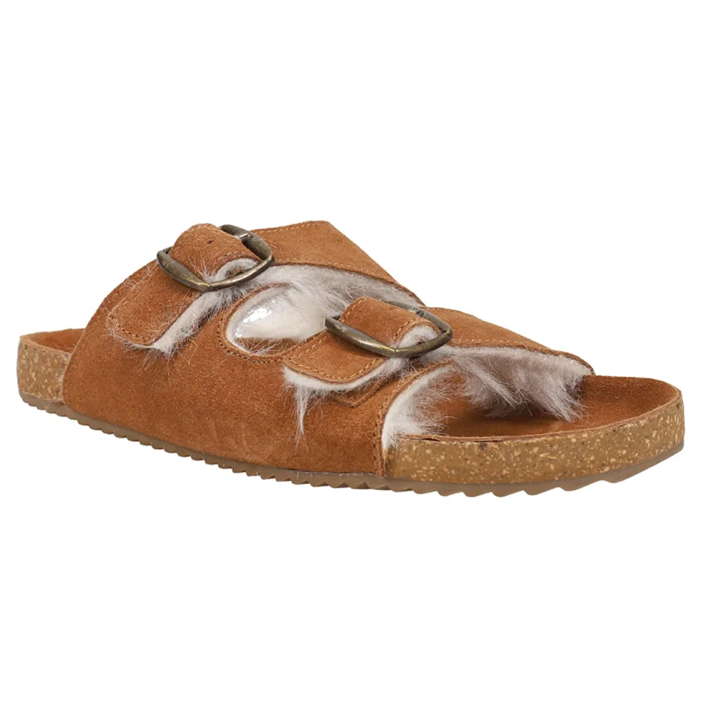 Victory Buckle Shearling Slide Sandals