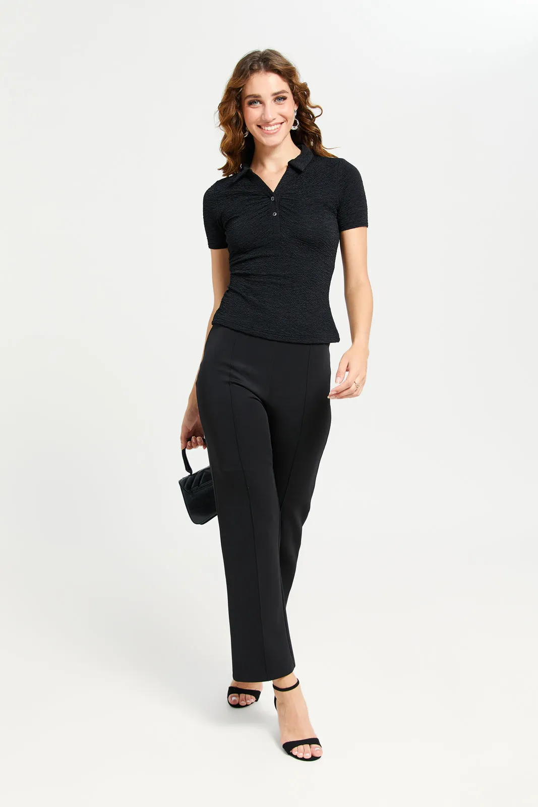 Women Black Plain Collared Polo T-Shirt