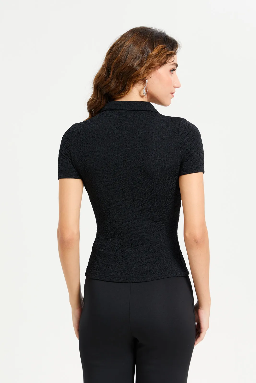 Women Black Plain Collared Polo T-Shirt