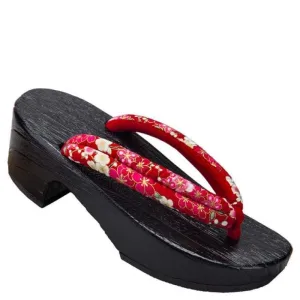 Women High Heel Geta Wooden Sandals [Red Tiny Sakura]